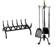 SET DI ATTREZZI PER CAMINO CON BRUCIALEGNA ,4 UTENSILI E STAND CON POMELLI ORO USATO COME NUOVO