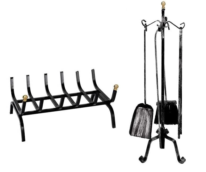 SET DI ATTREZZI PER CAMINO CON BRUCIALEGNA ,4 UTENSILI E STAND CON POMELLI ORO USATO COME NUOVO