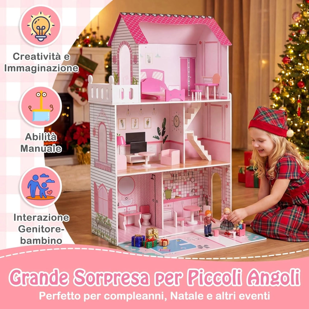 Casa delle Bambole a 3 Piani in Legno, Casa Barbie con Scale e 17 Pezzi di Mobili Completi, Villa da Principessa Fai-da-Te Giocattolo per Bambini 3+ Anni, 74,5 x 63 x 120,5 cm (Rosa)