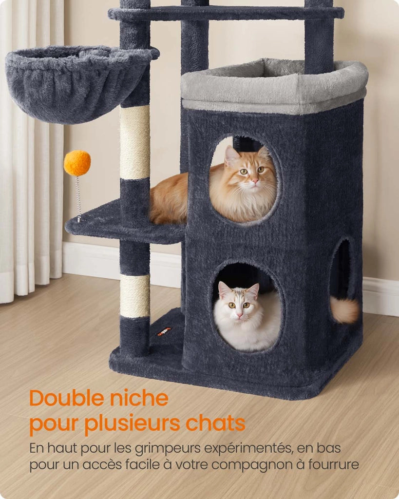 Tiragraffi per gatti altezza 152 cm torre gioco multilivello con 2 grandi cubbie 1 amaca 3 tiragraffi 3 piattaforme grigio 12_0007974