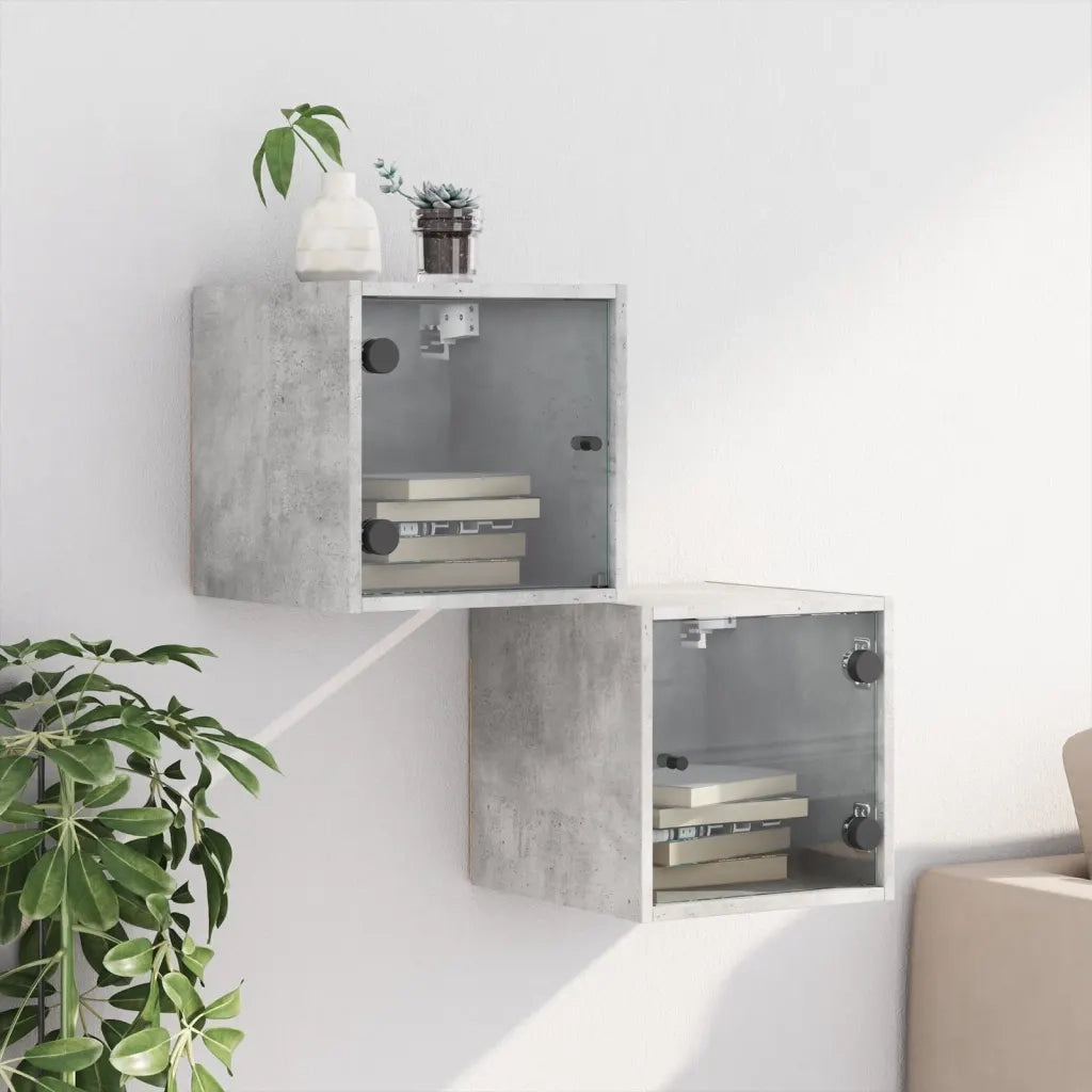 Set di 2 Comodini | Armadio da Notte | Mobiletto da notte con Ante in Vetro Grigio Cemento 35x37x35 cm