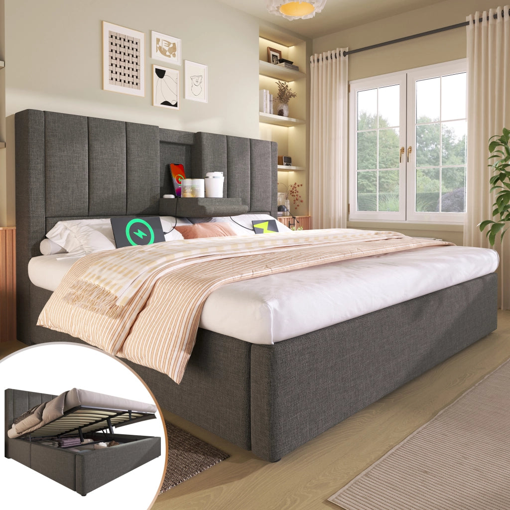 Letto matrimoniale – 140x190 cm – portabicchieri USB contenitore – lino grigio