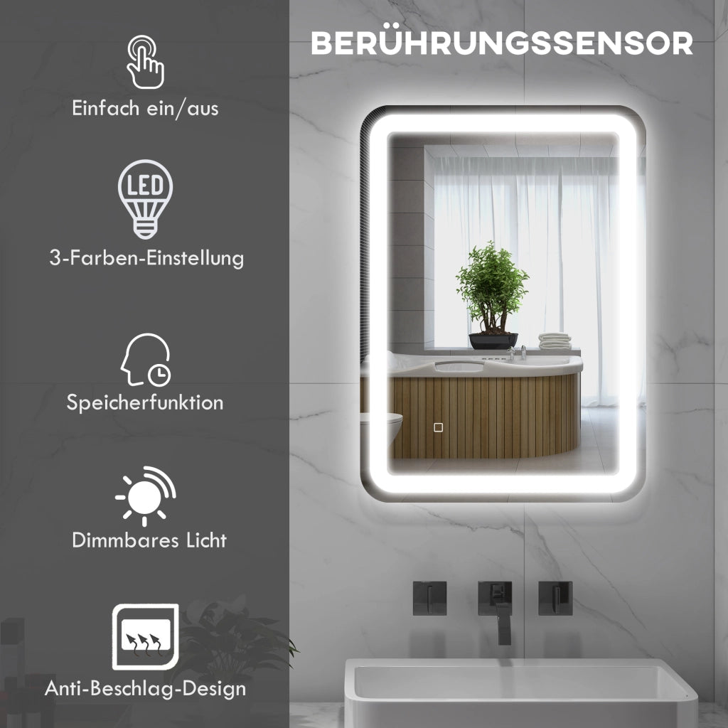 Specchio da Bagno con Luci LED ¨C Minimal ¨C 50x70 cm, Colore Argento, Dimmabile, 3 Luci
