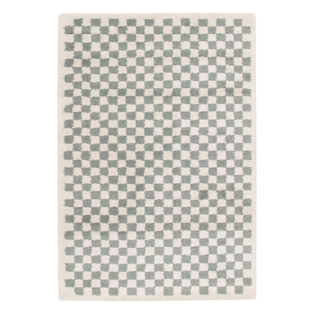 Tappeto a scacchiera di colore azzurro e crema