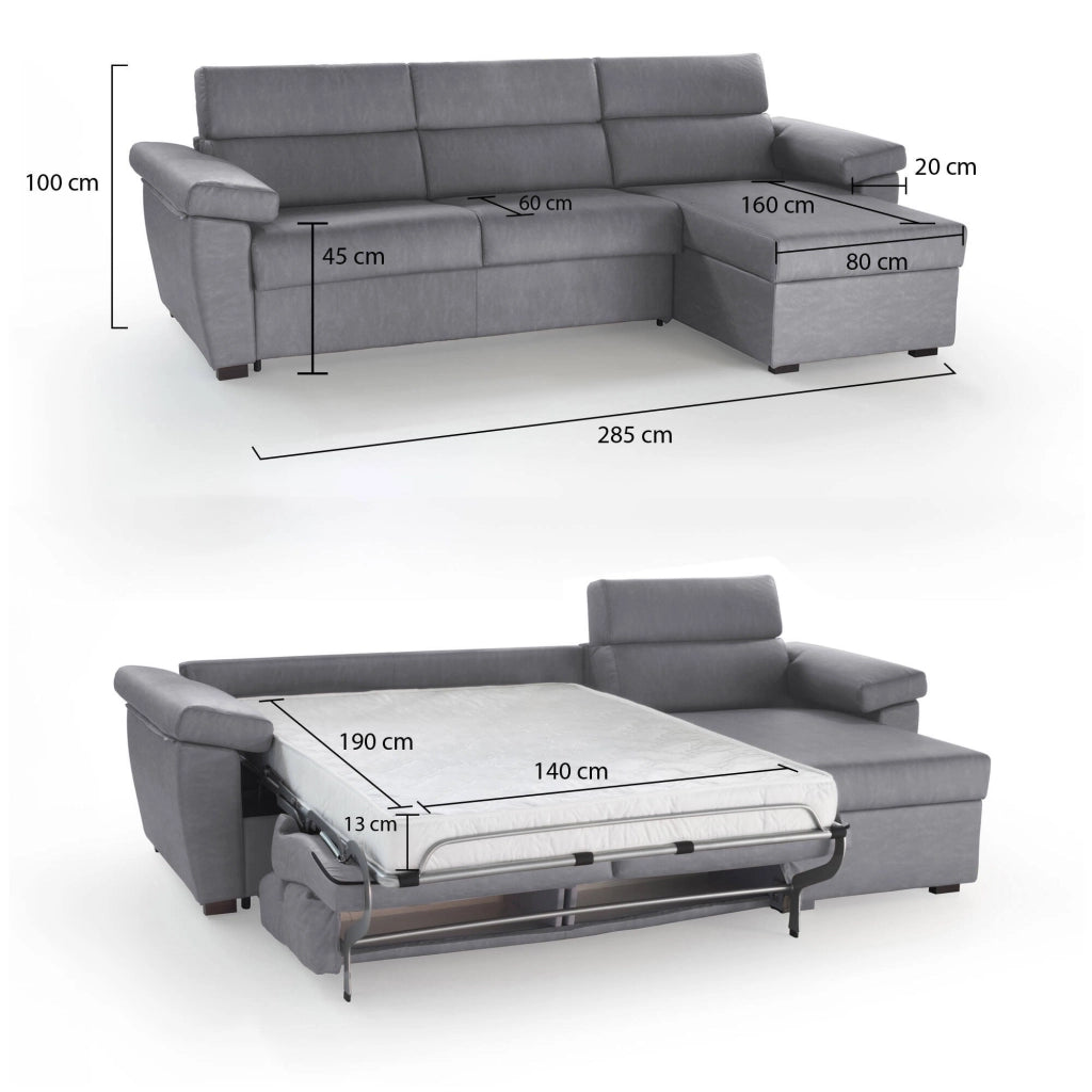Priverno, Divano Letto con Penisola Sfoderabile Made in Italy, 285x160 cm Grigio