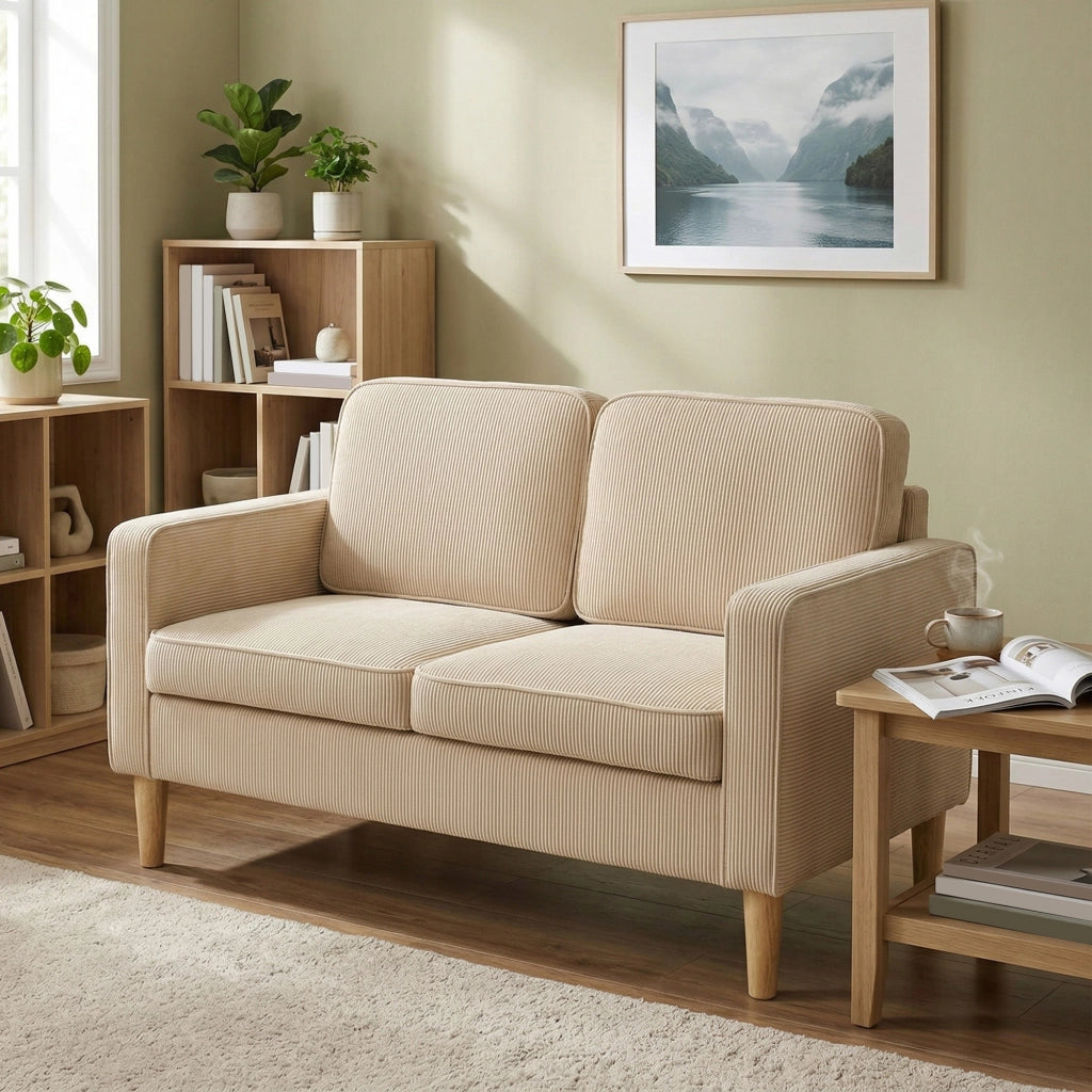 Divano 2 Posti con Tessuto e Cuscini ¨C Minimal ¨C Beige 117x63x79 cm