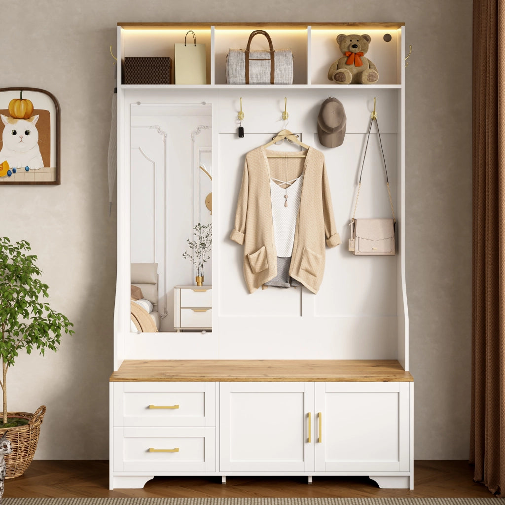 OKWISH Mobile da Ingresso con 2 Ante e 2 Cassetti, Specchio, Ganci, LED e Seduta, per Ingresso, MDF, Bianco e Legno, 120×40×187 cm