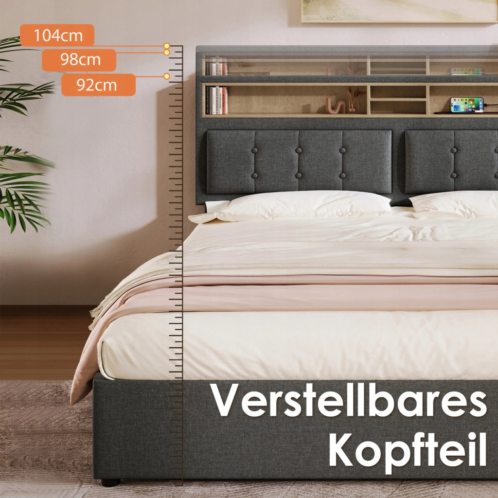 Letto imbottito 140x200 con 4 cassetti e USB - Xylo