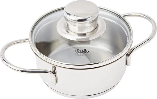 Pentola in Acciaio con Coperchio in Vetro - 12 cm, 0,5 litri, Per Cottura e Stufata di Piccole Porzioni
