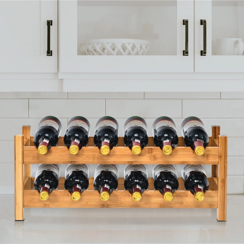Scaffale di bamb¨´ per vini con 2 livelli e porta bottiglie di vino, Porta bottiglie per cucina e scaffale bottiglie di vino di legno-Portabottiglie