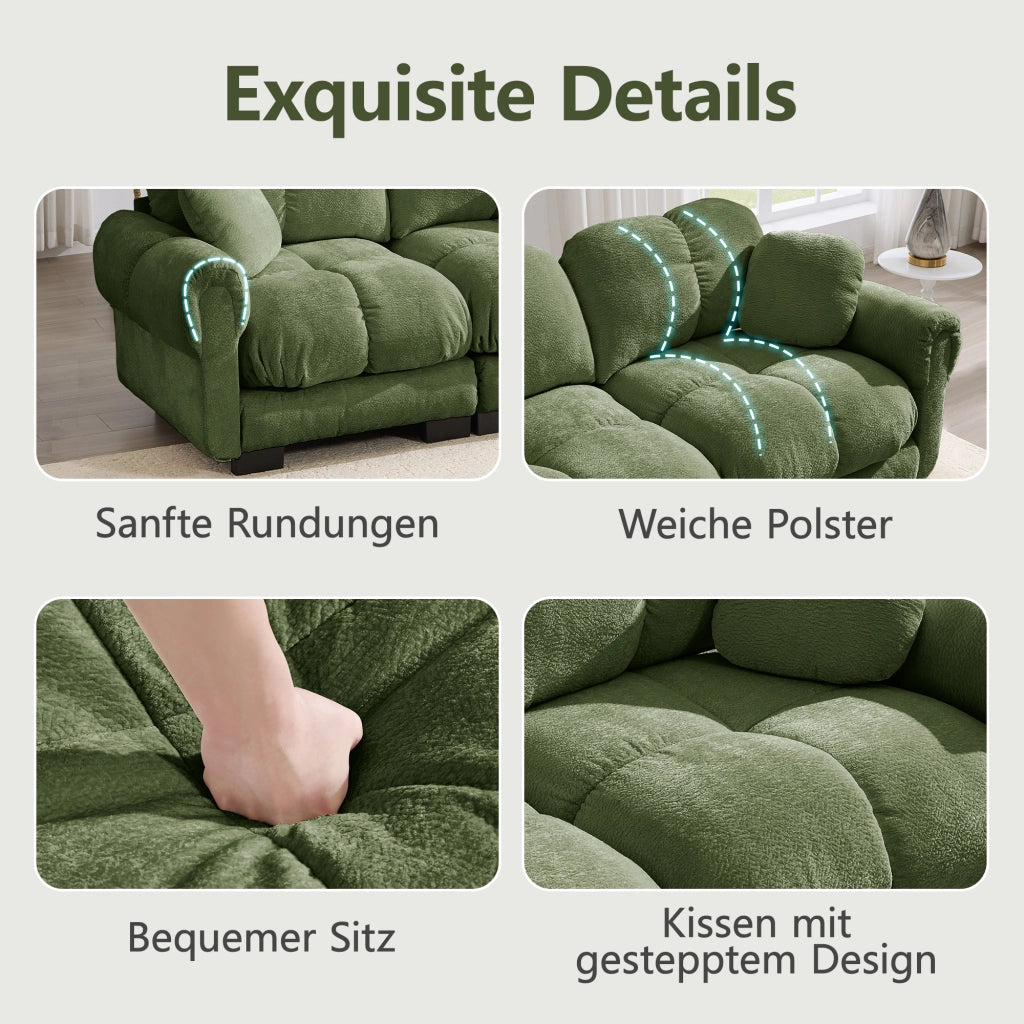 Divano angolare convertibile 3 posti con pouf mobile e 2 cuscini, Chenille Verde