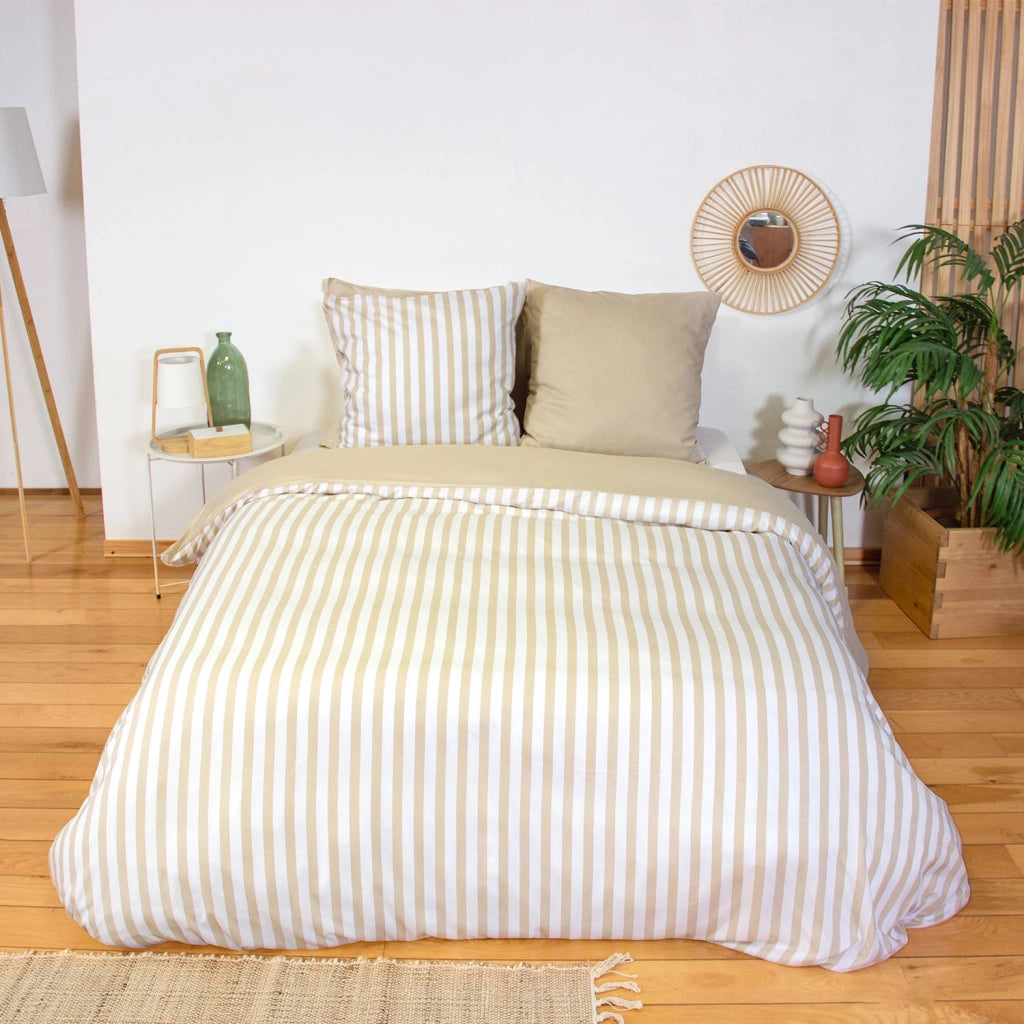 Set biancheria da letto in microfibra a righe beige, 2 posti