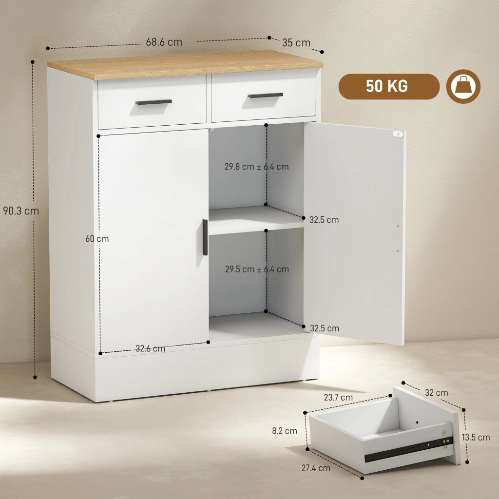 Credenza Bianca con 2 Cassetti e 2 Ante, Ripiano Regolabile ¨C Minimal ¨C Bianco e Legno