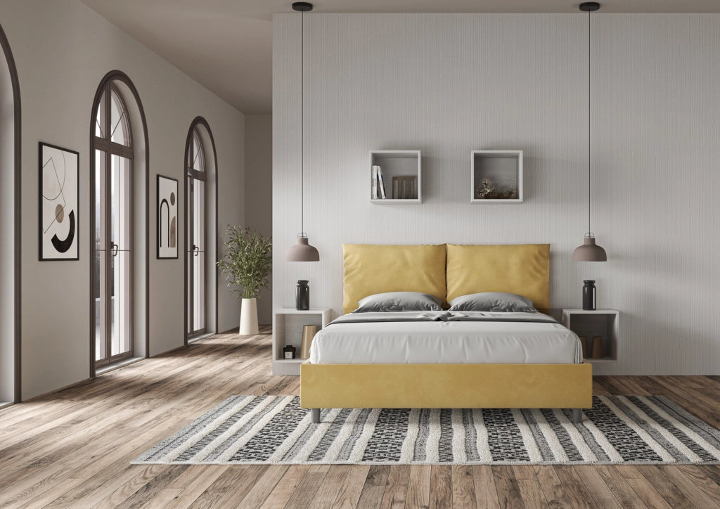 BS COM Letto queen size con rete imbottito 150x210 microfibra ocra
