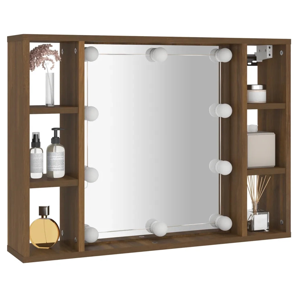 Mobile a Specchio con LED-Armadietto a Specchio Rovere Marrone 76x15x55 cm