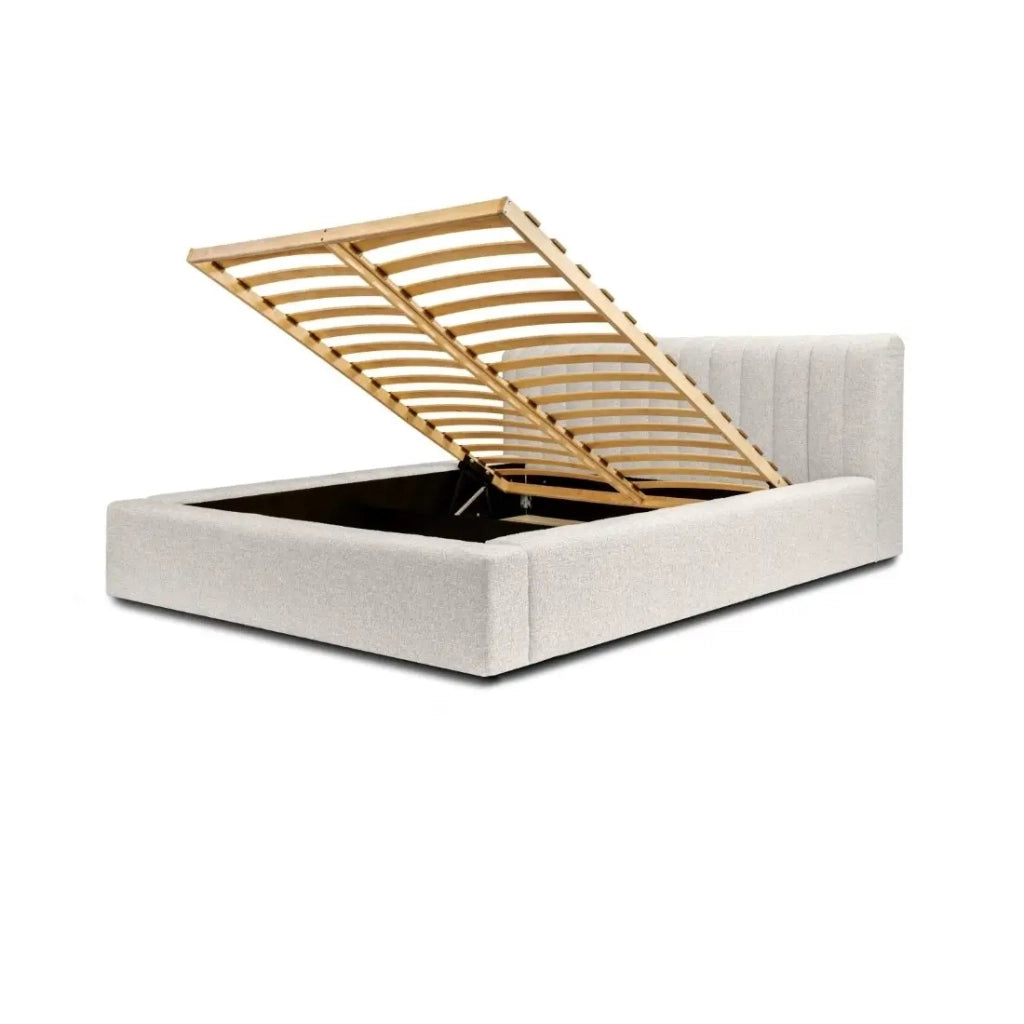 Letto contenitore CERVIN – Tessuto bouclé Nuvola sabbia – 180x200 cm – Rete sollevabile – Design contemporaneo