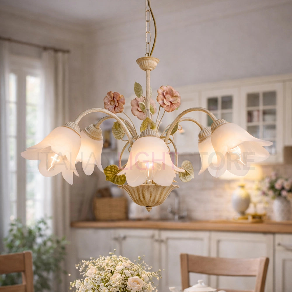 SPRING Lampadario in Ferro Decorato a 5 Luci Stile Floreale