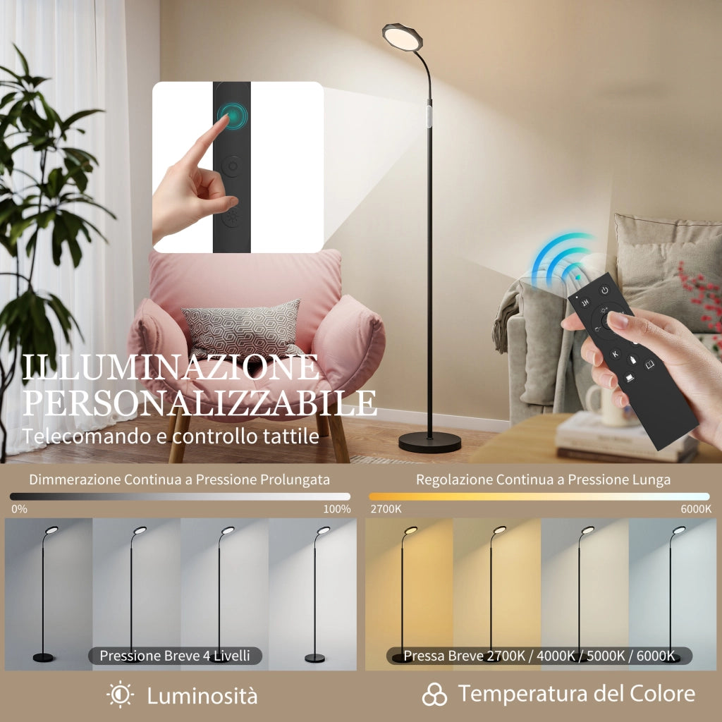 Lampada da Terra LED ¨C Xylo ¨C Telecomando, Testa Girevole, Dimmerabile, Nero