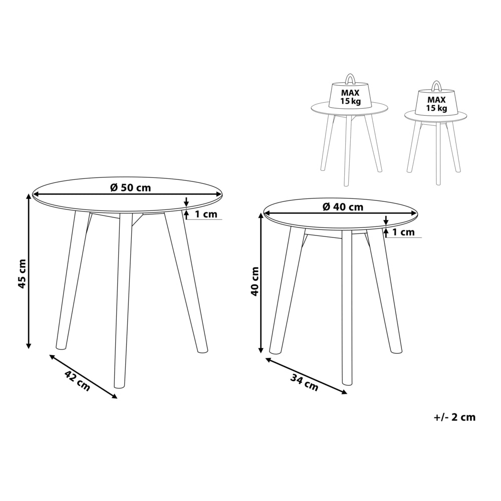 Set di 2 tavolini a nido tondi trasparenti con piano in vetro 3 gambe in legno chiaro minimalista scandinavo