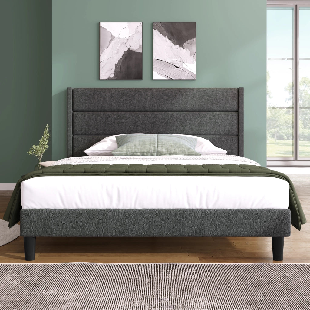 LETTO Imbottito 140x200 cm Tessuto Lino Grigio con rete a doghe e testiera