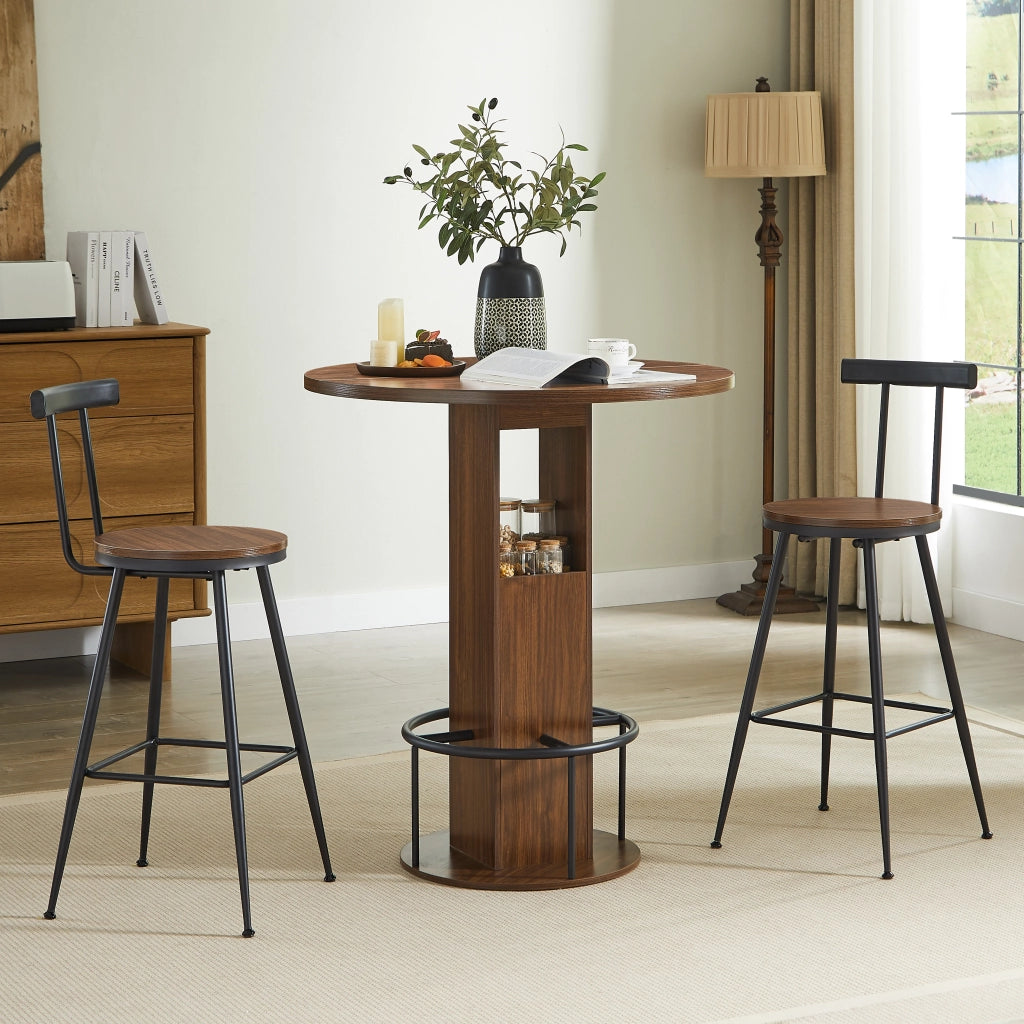 Set Tavolo Rotondo e 2 Sgabelli ¨C MINIMAL ¨C Noce, Legno e Metallo, 80 cm