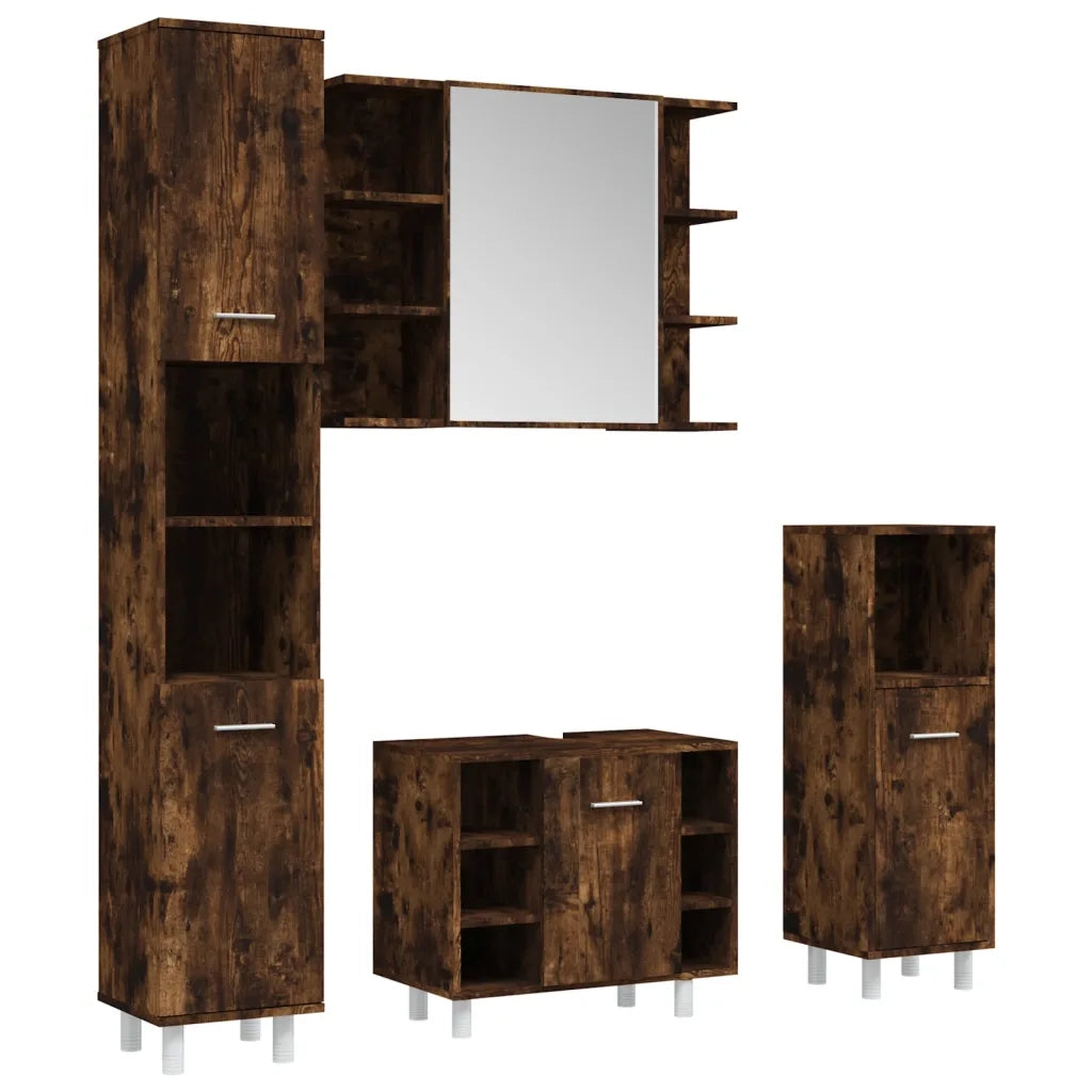 Set Mobili da Bagno | Armadio da bagno 4 pz Rovere Fumo in Legno Multistrato