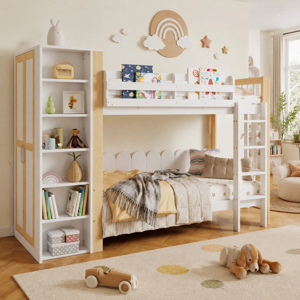 LETTO A CASTELLO 90x200 cm Bianco+Naturale con scala a 4 gradini e armadio laterale