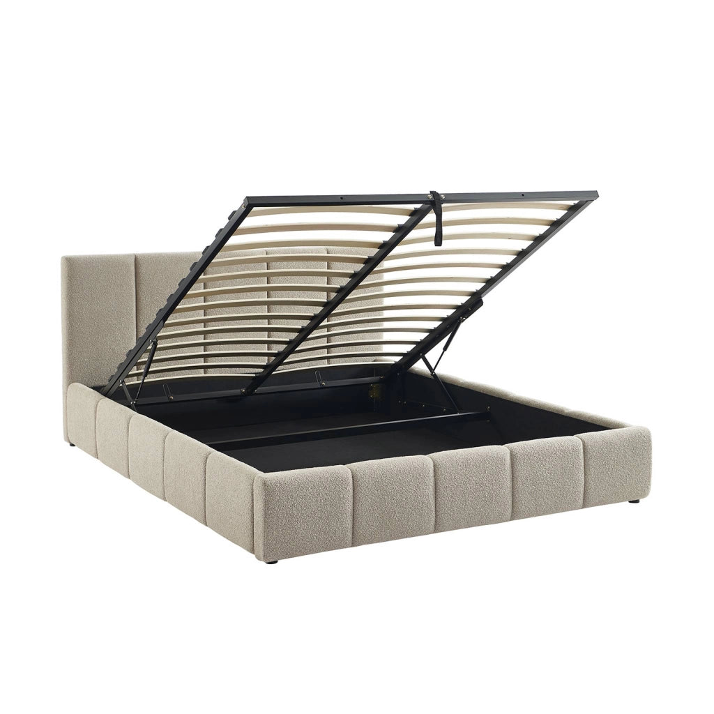 Letto contenitore con rete a doghe e testiera 160x200cm, bouclé ,