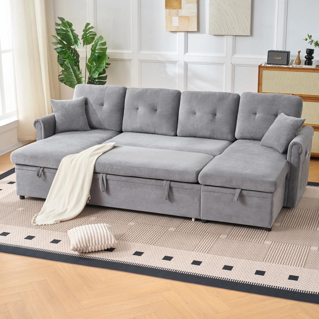 Divano letto angolare 4-5 posti con contenitore e tasca laterale in chenille grigio