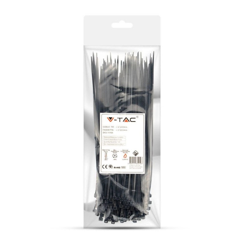 Tie per cavi - 2,5* 200 mm neri 100pcs/pacco