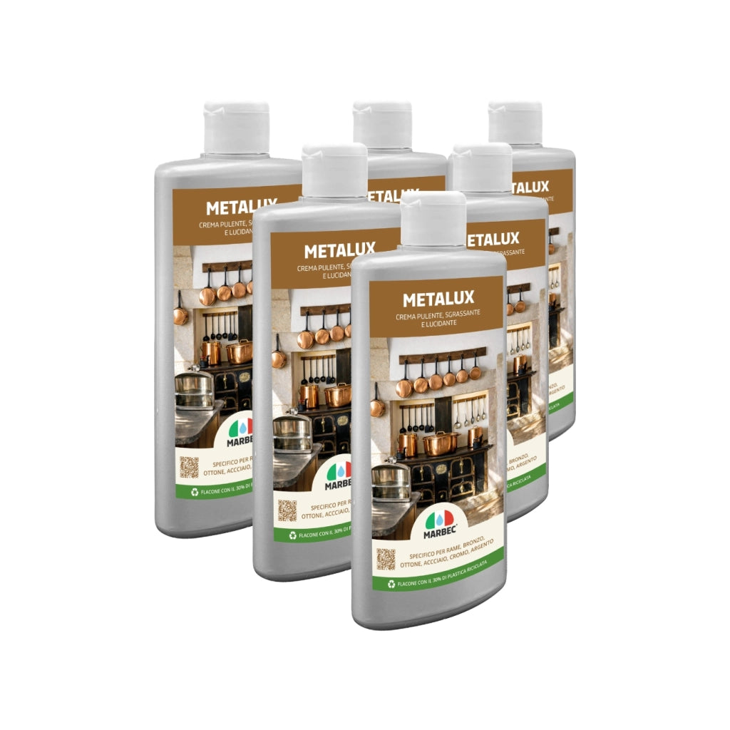 Crema lucidante metalli, pulizia e brillantezza in un solo gesto, ideale per rame e acciaio Marbec METALUX - 250GRx6Pz