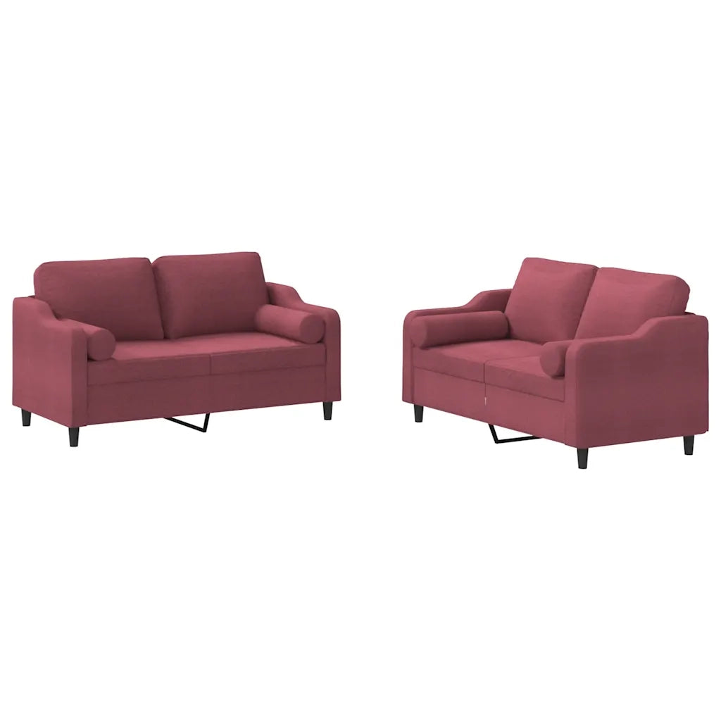 Set di Divani 2 pz con Cuscini Rosso Vino in Tessuto