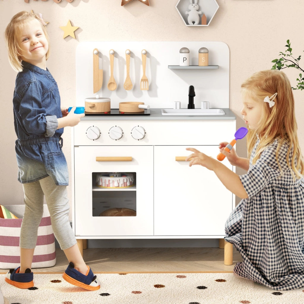 Set da cucina per bambini in legno con luci e accessori da cucina, Gioco educativo con spazio di archiviazione, Regalo per Bambini Bianco
