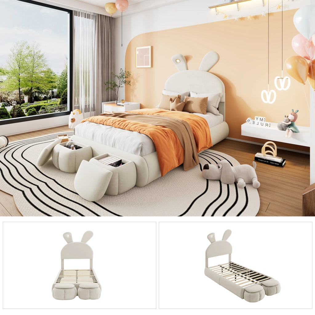 LETTO Singolo 90x200 cm in velluto beige con 2 pouf contenitore e luci LED