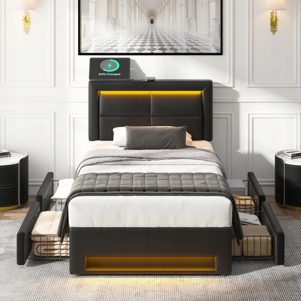 Letto imbottito con USB, LED, 4 cassetti - Xylo - 90x200 - Nero