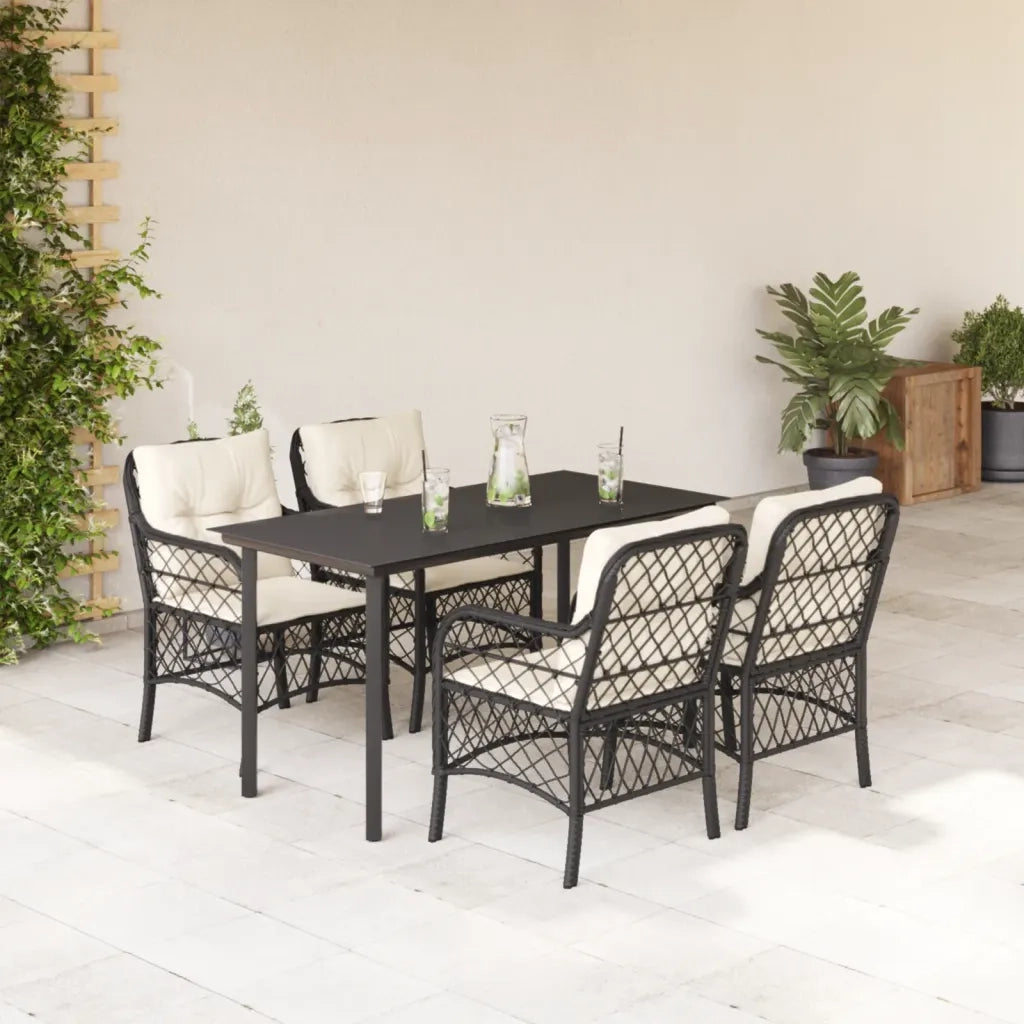 Set da Pranzo da Giardino 5 pz Nero con Cuscini in Polyrattan