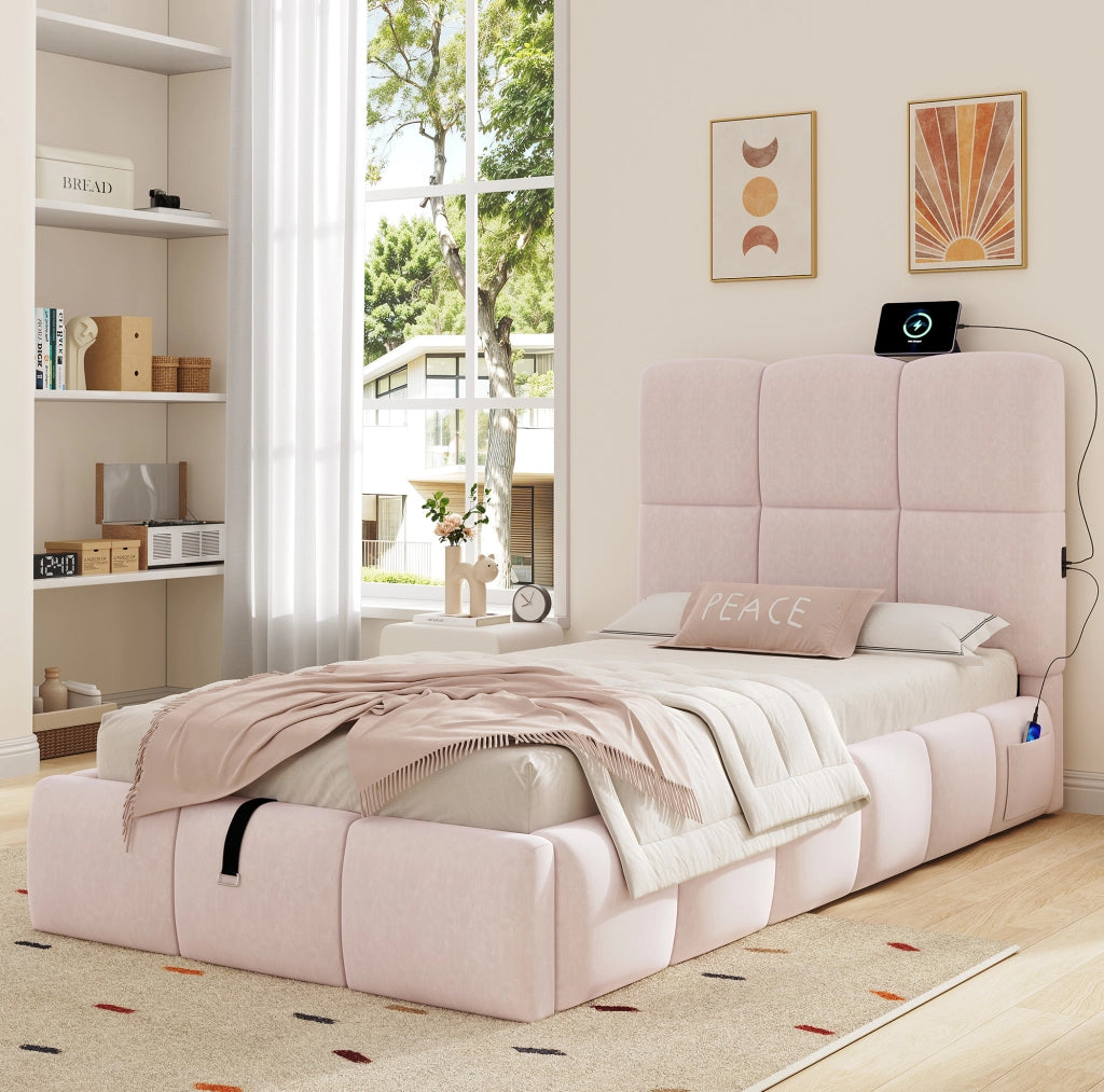 Letto singolo 90x200 cm con contenitore; rete a doghe e USB C; velluto rosa