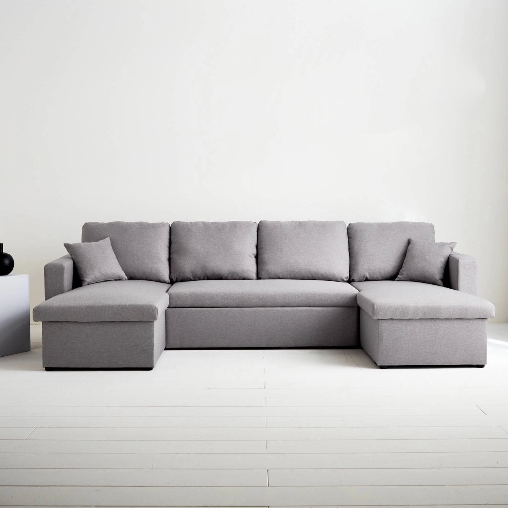 Divano letto panoramico in tessuto, 4 posti, grigio chiaro