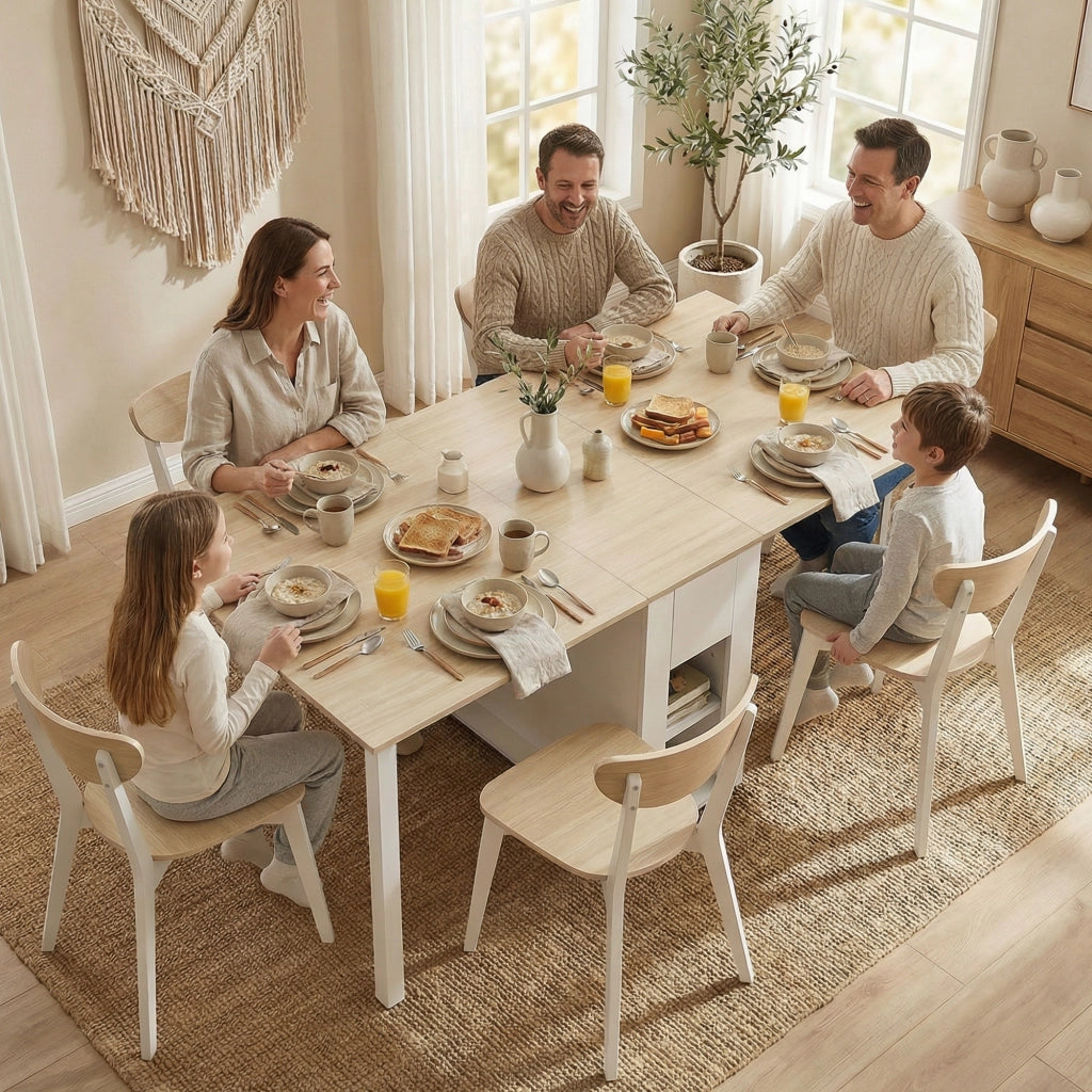 Tavolo da pranzo pieghevole per 6 persone con 2 cassetti e 4 ripiani ¨C zephmum ¨C bianco 39-168 cm