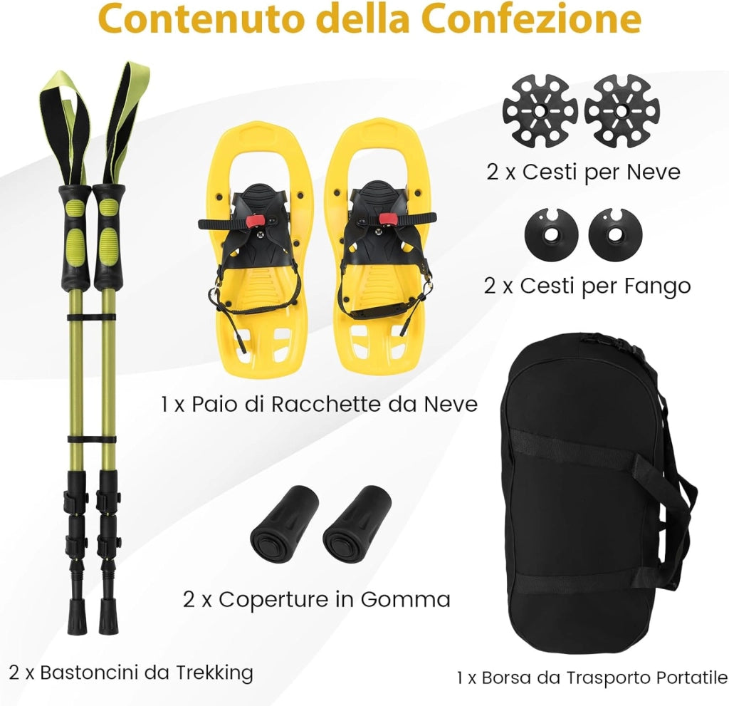 Racchette da Neve per Bambini 28-37, Bastoncini da Trekking Telescopici 51,5-100 cm con Punte in Tungsteno, Dischi Neve e Dischi Fango, Ciaspole da Neve con Legatura a Cricchetto e Borsa