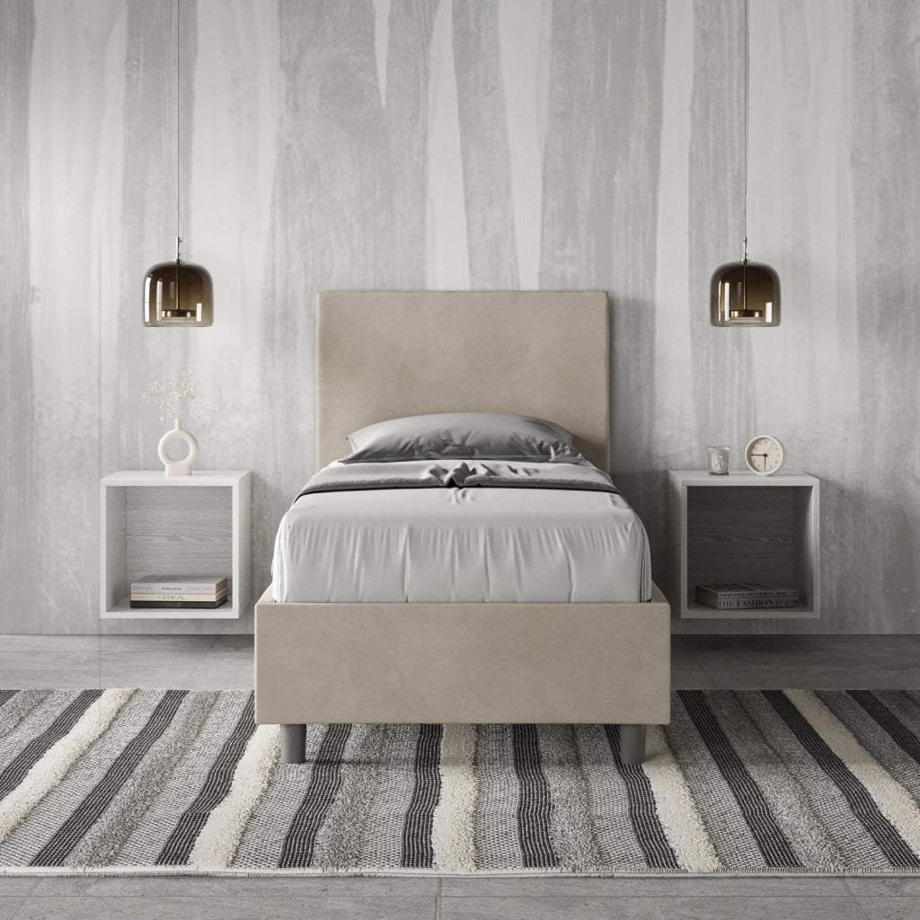 BS COM Letto singolo contenitore imbottito 90x190 microfibra sabbia
