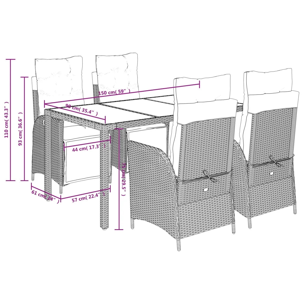 Set da Pranzo da Giardino 5 pz Nero con Cuscini in Polyrattan 3213070
