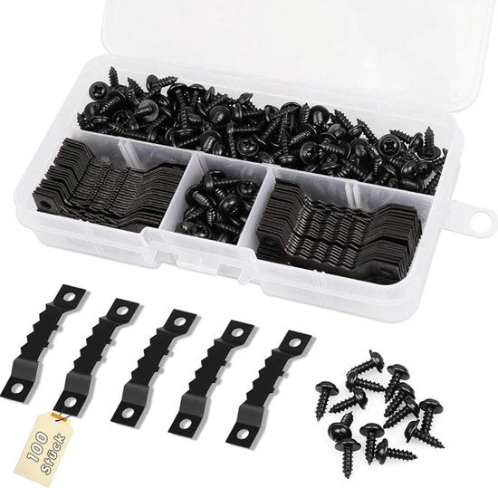 Set di appesi foto da 100 - Hanger metalliche nere - Inclusi 200 viti - Duraturo e affidabile - Per cornici fotografiche e artigianato - Scatola di conservazione pratica - Appeso per foto