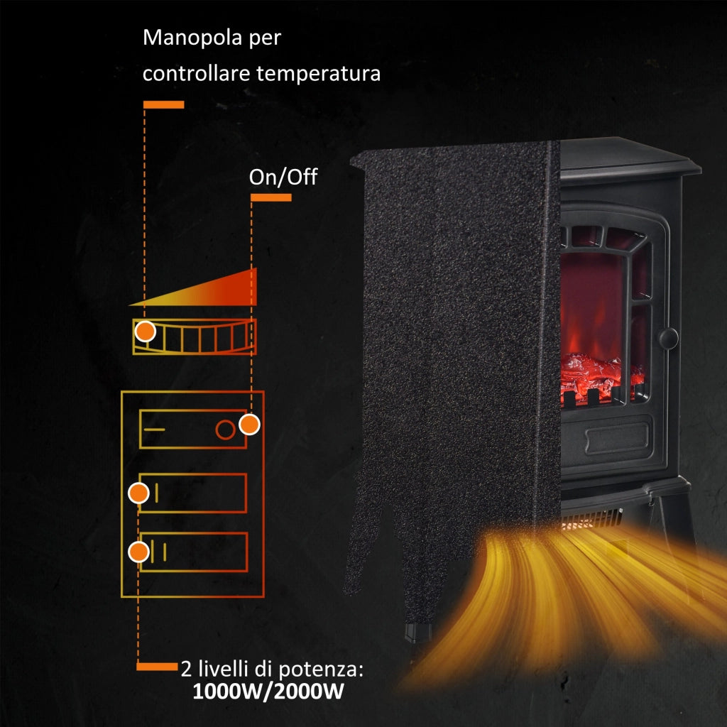 EasyComfort Camino Elettrico con Effetto Fiamma, Temperatura Regolabile 1000W-2000W, Copertura 20-25m², 39x24x56.5cm, Nero