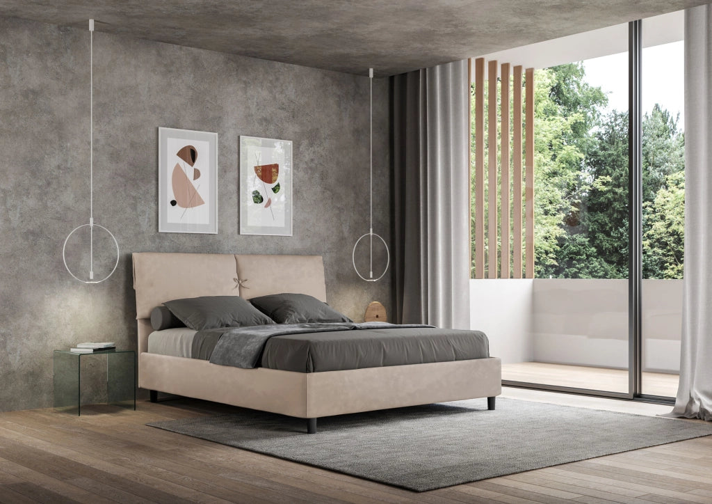 BS COM Letto matrimoniale contenitore imbottito 160x210 microfibra sabbia