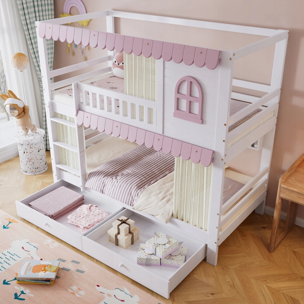Letto a castello per bambini - Xylo - 90x200 - Bianco-rosa