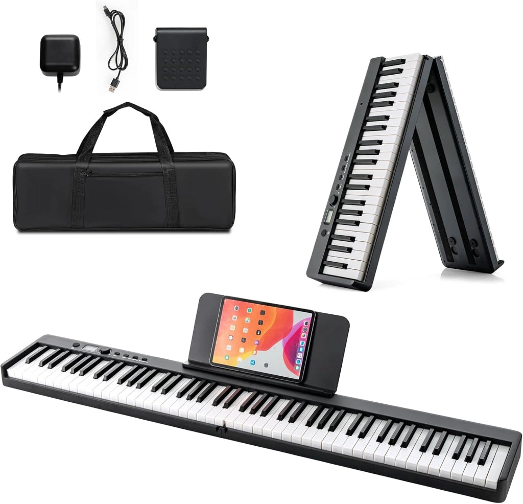 Pianoforte Digitale 88 Tasti Pieghevole, Tastiera Elettronica Multifunzionale con Pedale Sustain per Principianti, Pianola Portatile con Borsa per Pianoforte (Nero)