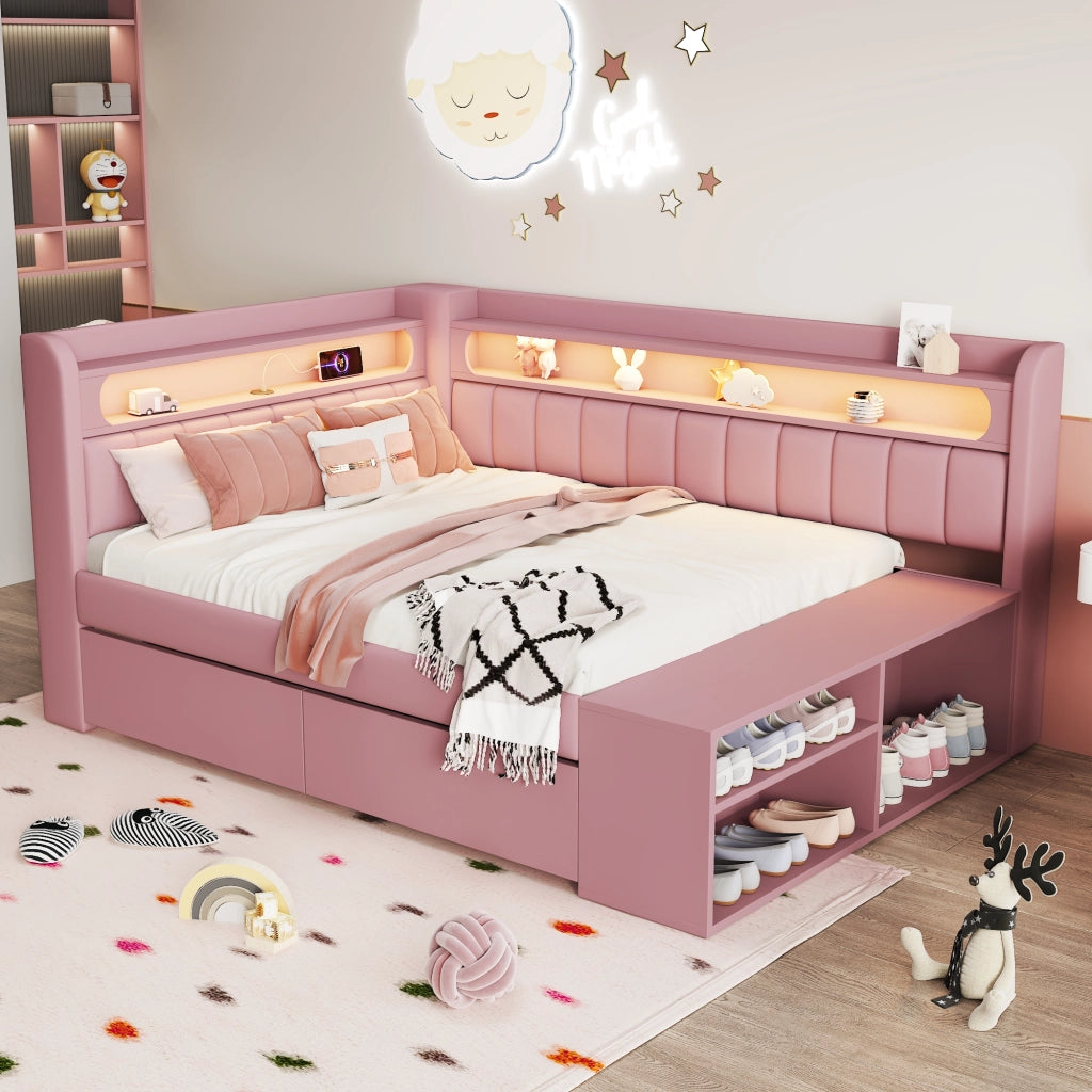 Divano letto imbottito 90x200cm - Zephmum- USB, LED, con scarpiera e 2 cassetti, Rosa