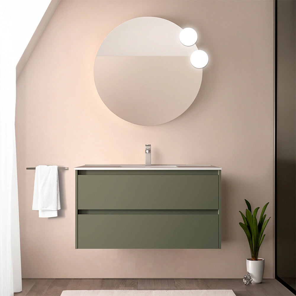 Mobile bagno sospeso 90 cm verde satinato con lavabo ad incasso Gaya