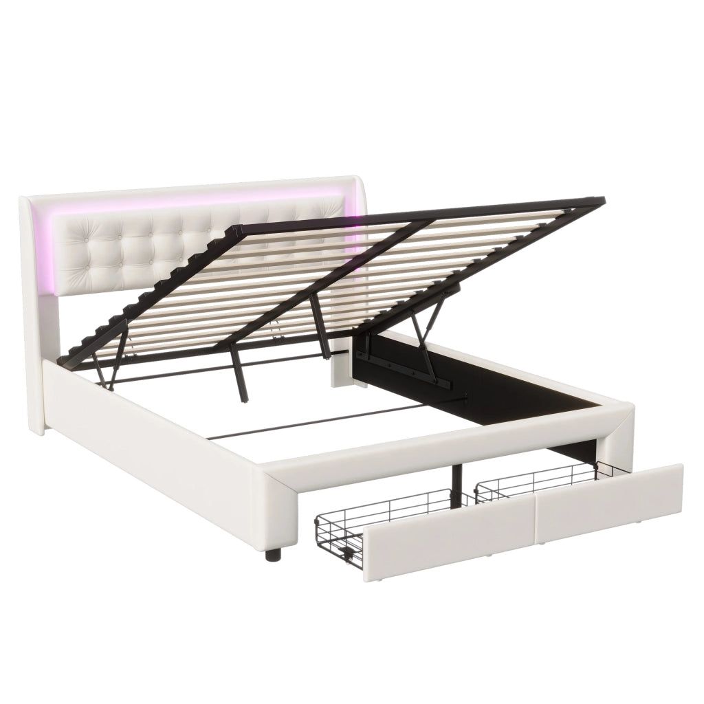 Letto matrimoniale contenitore idraulico 140x190 cm, imbottito velluto beige, testiera LED RGB telecomandata, 2 cassetti, 350kg